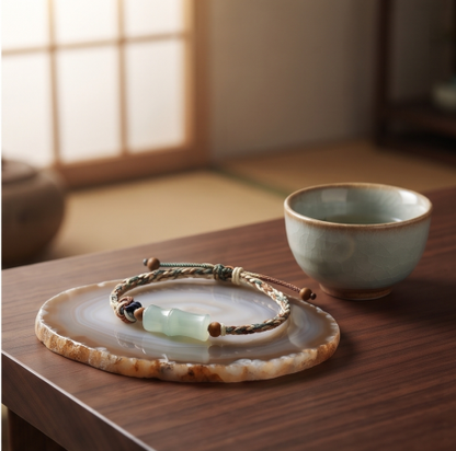Green Jade Bamboo Charm Cord Bracelet