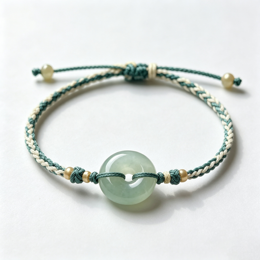 Green Jade Donut Charm Cord Bracelet